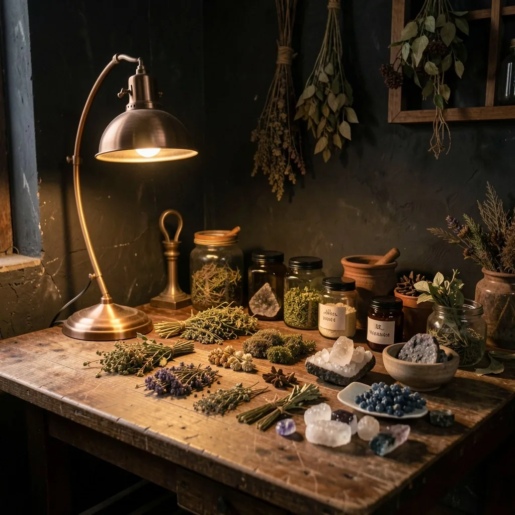 Botanical workshop interior with herbs and minerals under warm light