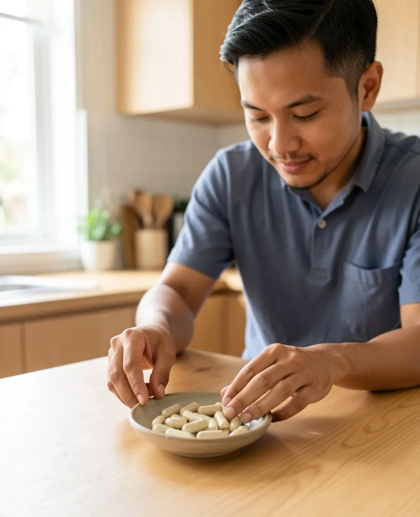 A man preparing his daily natural supplement routine at home
