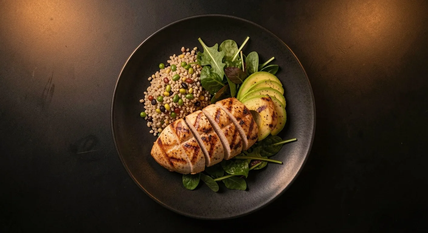 Balanced performance meal on dark plate