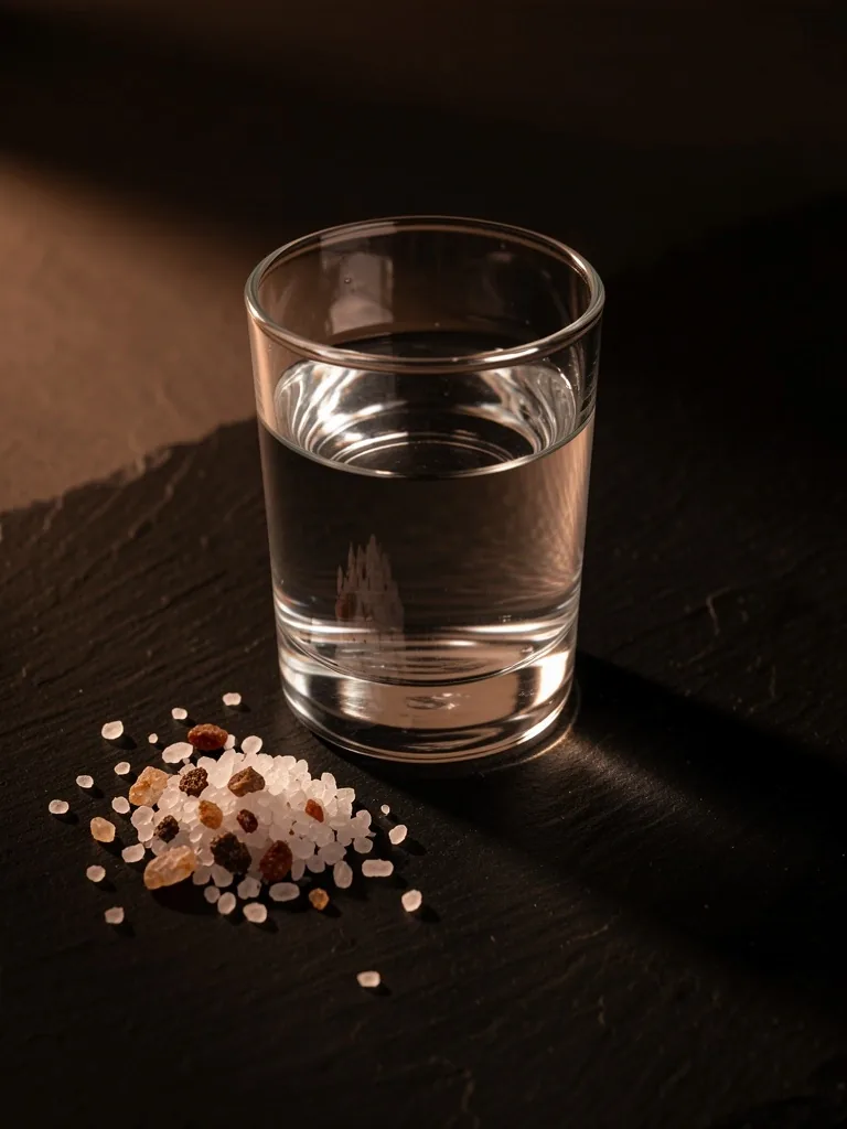 Glass of water with mineral crystals on dark surface