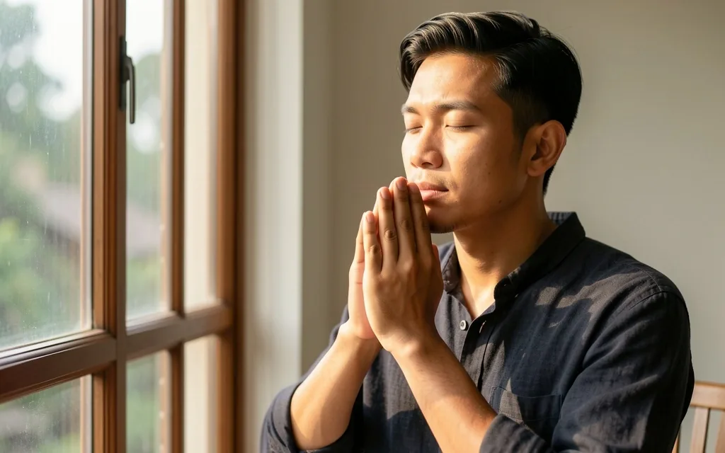 Man practicing mindful breathing in soft morning light