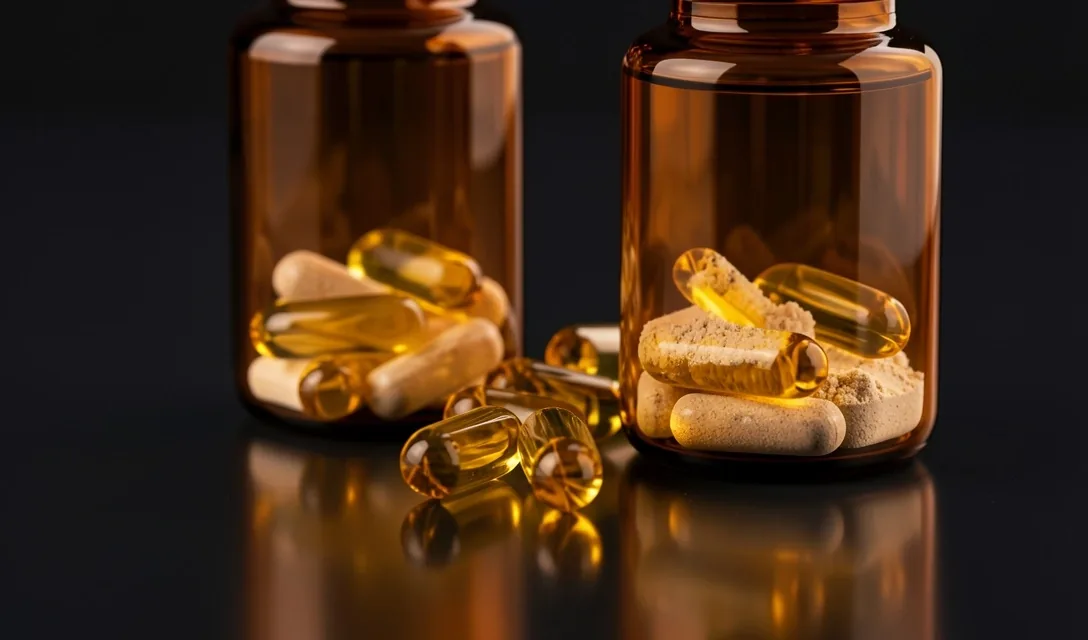 Natural supplement capsules in amber glass bottles